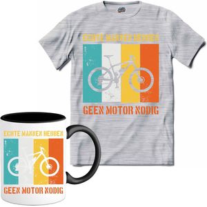 Echte mannen hebben geen motor nodig Heren T-shirt | Fietsen | Wielrennen | Mountainbike | cadeau - T-Shirt met mok - Unisex - Donker Grijs - Gemêleerd - Maat M