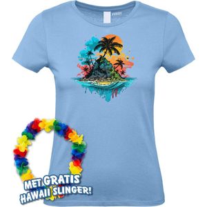 Dames t-shirt Palmboom Eiland | Toppers in Concert 2024 | Club Tropicana | Hawaii Shirt | Ibiza Kleding | Lichtblauw Dames | maat XS