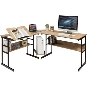 COSTWAY L-vormig bureau, hoekbureau van hout met kantelbaar tafelblad, 2 planken en CPU-standaard, computertafel voor thuis en kantoor, 170 x 150 x 75 cm, naturel