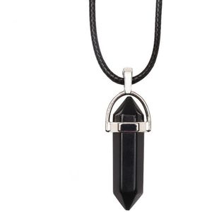 Bixorp Gems Obsidiaan Hanger aan Faux Leren Koord - Edelsteen Ketting - Edelstenen Staafje met Stainless Steel - 45/50cm Damesketting