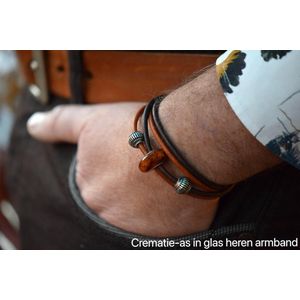 Crematie-as heren sieraad- leren heren armband met unieke glasbedel waar crematie-as in verwerkt wordt-Gemheel op maat gemaakt-Double Brown echt leer-Heren herinnering sieraad met as-urn -rvs magneetsluiting sluiting- as sieraad