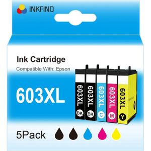 INKFIND 603XL inkt voor Epson 603 Epson603 Epson 603XL Epson603XL inktcartridge multipack van 5 stuk (2*Zwart, 1*C/M/Y) voor Epson Expression Home XP-2105, XP-3100, XP-3105, XP-4100, XP-4105, Epson Workforce WF-2830DWF, WF-2835DWF, WF-2850DWF