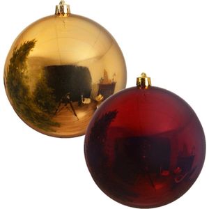 2x stuks grote kerstballen van 20 cm glans van kunststof goud en donkerrood - Kerstversiering