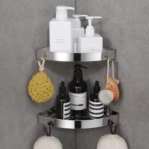 Goodivery ® Doucheplank, hoekplank, doucheplank zonder boren, badkamerrek, roestvrij staal, SUS304 douchemand, zelfklevend, hoekbadkamerorganizer, shampoohouder met 4 haken voor douche (zilver, 2 stuks)