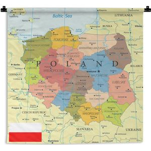 Wandkleed Kaart Polen - Kleurrijke kaart van Polen Wandkleed katoen 150x150 cm - Wandtapijt met foto