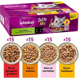 Whiskas Kattenvoer 1+ Tasty Mix - Adult Natvoer - Keuze van de Chef in Saus - Maaltijdzakjes 60 x 85g