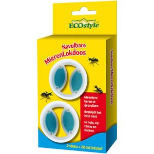 ECOstyle Navulbare Mierenlokdoos - Mieren Bestrijding - Binnen & Buiten - Bestrijdt hele Nest - Snel & Effectief - 2 Stuks
