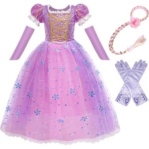 Prinsessenjurk meisje - Maat 104/110(110) - Het Betere Merk - Verkleedkleren - Carnavalskleding - Prinsessen verkleedkleding - Lange handschoenen - Paars - Haarband met vlecht - Kleed - Prinsessen speelgoed - Verjaardag meisje