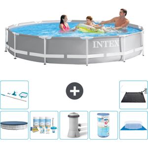 Intex Rond Prism Frame Zwembad - 366 x 76 cm - Grijs - Inclusief Afdekzeil - Onderhoudspakket - Zwembadfilterpomp - Filter - Grondzeil - Schoonmaakset - Solar Mat