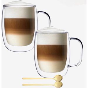 Dubbelwandige Koffieglazen Met Oor Met Gratis 2x Goud Lepels - Latte Macchiato Glazen - 400ML - Dubbelwandige Theeglazen - 2x - Cappuccino Glazen