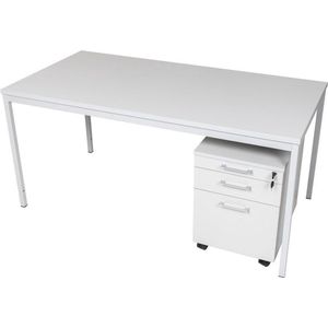 Furni24 Bureau 140x80x75 cm, homeoffice, bureautafel grijs incl. houten rolblok met 3 laden in grijs