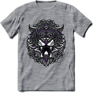Tijger - Dieren Mandala T-Shirt | Paars | Grappig Verjaardag Zentangle Dierenkop Cadeau Shirt | Dames - Heren - Unisex | Wildlife Tshirt Kleding Kado | - Donker Grijs - Gemaleerd - XL