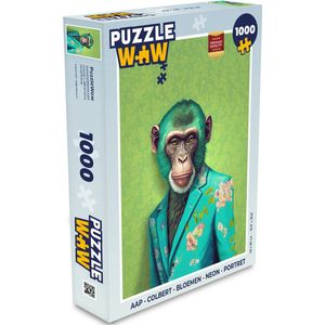 Puzzel Aap - Colbert - Bloemen - Neon - Portret - Legpuzzel - Puzzel 1000 stukjes volwassenen