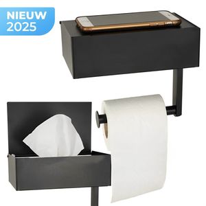 Toiletpapierhouder met Plank – Industrieel Stalen WC Rolhouder – Wandmontage – Zwart