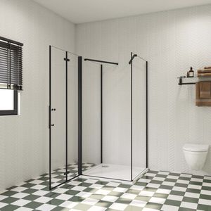 70x90x195cm douchecabine, met inklapbare vouwdeur en twee vaste zijwanden, 6mm helder EasyClean veiligheidsglas,mat zwarte aluminium frame, stabilisatiestang 70-120 cmX2