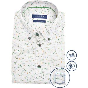 Ledub modern fit overhemd - korte mouw - wit met groen dessin - Strijkvriendelijk - Boordmaat: 40