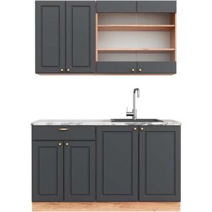 Vicco Fame-Line Eenpersoonskeuken – 140 cm , WB Marmer Antraciet Landhuis/Goud Kraft Eik , WB Marmer