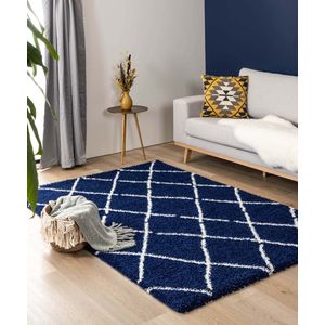 Hoogpolig vloerkleed ruiten Artisan - marineblauw/wit 160x230 cm