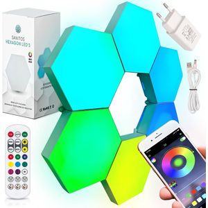 Sanitos Hexagon LED Modules - Flexibele Sfeerverlichting - Multicolor RGB - App & Afstandsbediening - Eenvoudige Installatie - Duurzaam en Energiezuinig - 6 Stuks