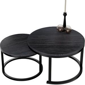 Ronde marmeren salontafel set van 2 - Moderne tafel voor woonkamer - Zwart houten optiek