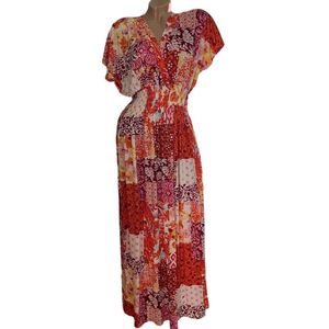 Dames maxi jurk met patchwork print L/XL (40-44) Rood/oranje/roze/wit