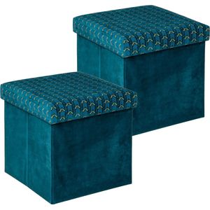 Atmosphera Poef/krukje/hocker Royal - 2x - Opvouwbare zit opslag box - fluweel Smaragd groen - D38 x H38 cm - MDF/polyester