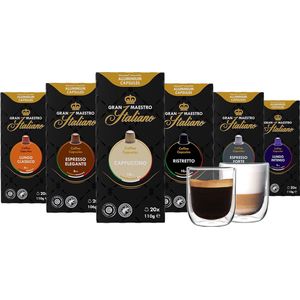 Proefpakket - Gran Maestro Italiano - Koffiecups Pakket - Nespresso Compatibel Capsules - Met Dubbelwandige Glazen (260ml)