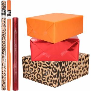 6x Rollen kraft inpakpapier pakket panter/dierenprint-metallic rood en oranje 200 x 70/50 cm/cadeaupapier/verzendpapier/kaftpapier