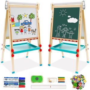 Kinderspeelbord van hout met papieren rol, dubbelzijdig whiteboard en schildersezel met cijfers en andere accessoires voor kinderen en peuters (pinguïn)