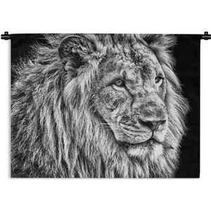 Wandkleed Leeuw - nieuw - Portret van een leeuw in zwart-wit Wandkleed katoen 180x135 cm - Wandtapijt met foto