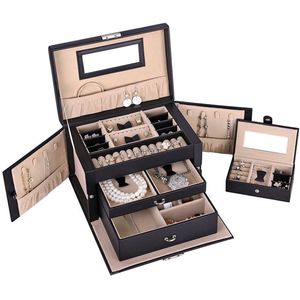 UNIQ XL Sieradendoos met Spiegel en 20 Compartimenten - Juwelen Box met extra kleine reisdoos - Sieradenhouder - Ketting, Armband, Ring, Oorbellen & Horloges - Zwart