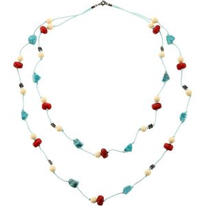 Behave Lange dubbele ketting van touw met rode en turquoise kralen