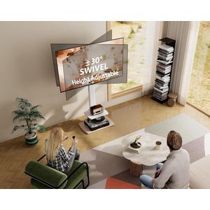 TV-standaard vloer 1.42m met hout voet voor 32-43 55 65 70 75 inch, 60° draaibaar & 6 hoogte verstelbaar white TV stand floor universal, Tall vloerstandaard met plank Max VESA 600x400mm Wit