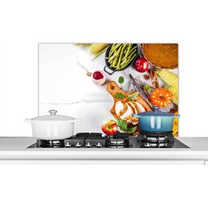 Spatscherm keuken 90x60 cm - Kookplaat achterwand Groente - Vlees - Keuken - Kruiden - Muurbeschermer - Spatwand fornuis - Hoogwaardig aluminium