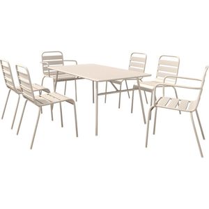MYLIA Tuineethoek van metaal - Een tafel D160 cm met 2 opstapelbare fauteuils en 4 opstapelbare stoelen - Beige - MIRMANDE van MYLIA L 160 cm x H 79 cm x D 80 cm