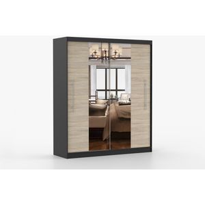 ​Kledingkast NICO III 203 cm - 2-deurs schuifdeurkast met spiegel en decoratieve lijsten - Garderobekast met ruime opbergruimte - Moderne kast voor slaapkamer en hal (Zwart + Sonoma)