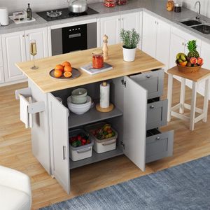 Sweiko Eettafel - Keuken uitklapbare werkbladen - Kasten - 3 lades + handdoekenrek - Met wielen - Grijs + Natuurlijk