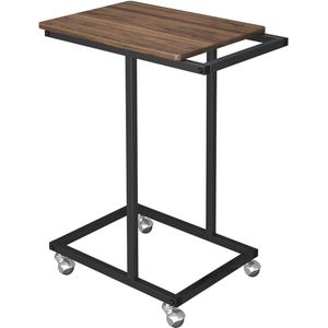 Bijzettafel, C-vormige banktafel met wielen, mobiele salontafel, woonkamertafel met metalen frame, salontafel voor koffie en laptop, 35 x 55 x 68 cm, industrieel ontwerp, walnoot