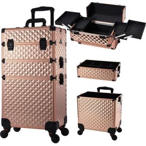 Deboer10.NL - Cosmetica koffer - Kapperskoffer - Make up trolley - Cosmetica organizer - Professionele cosmetische trolley - Grote opbergvakken - Afsluitbare make-upkoffer voor op reis - 3-in-1 - Op wielen - Roze/goud - 39x30x47
