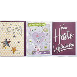 3 Wenskaarten - In Verwachting + Van Harte Gefeliciteerd + Hoera! - 12 x 17 cm – VERW-301