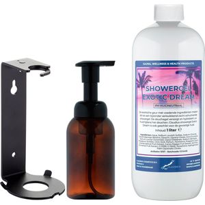 Zeepdispenser 300 ml amber bruin hervulbaar + 1 liter Showergel Exotic Dream navulling (inclusief beugel)