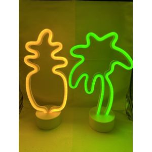 LED ananas en LED palmboom met neonlicht - Set van 2 stuks - geel + groen neonlicht - hoogte 29.5 x 18.5 x 8.5 cm – Tafellamp - Nachtlamp - Decoratieve verlichting - Woonaccessoires