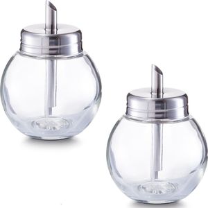 2x Suikerstrooiers rond van glas/metaal 240 ml - Keukenaccessoires - Suikerstrooiers/suikerpotjes voor thuis en horeca