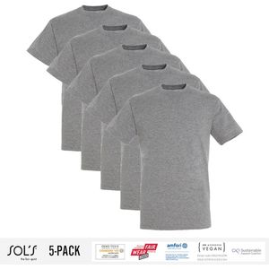 5 Pack Sol's Jongens/Meisjes T-Shirt 100% biologisch katoen Ronde hals Grijs Gemeleerd Maat 96/104 (3/4 Jaar)