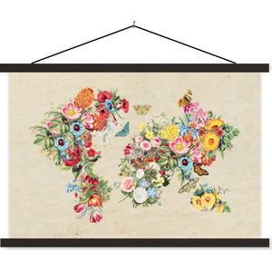 Wanddecoratie - Wereldkaart - Bloemen - Craft papier - Schoolplaat - 90x60 cm - Textielposter - Textiel poster