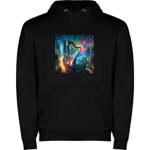 Zwarte unisex hoodie met “ Kleurrijke Harp – Skyline – Muziekinstrument “ Print Full Color merk Roly maat XXL