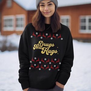 Lekker Waus Foute Kersttrui Zwart - Drugs Not Hugs - Maat L - Kerst Outfit Dames & Heren