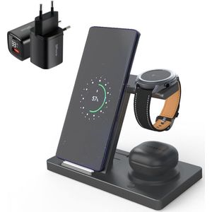 DrPhone Legend17– 5 In 1 Draadloze Dock – Draadloze Oplaadstation – Geschikt voor IOS/Android Smartphones - IOS/Android Horloge & Android Oordoppen - Zwart