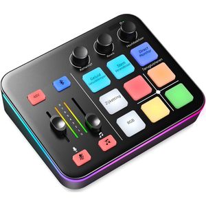 Gaming Audio Mixer - Streaming - RGB - PC mixer met XLR-microfooninterface - Individuele bediening - 48V Fantoomvoeding - Podcast - Opname - Zang – Geluidseffecten – Ruisonderdrukking - Zwart