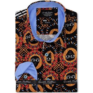 Heren Overhemd - Slim Fit - African Motif Satijn - Zwart - Maat L